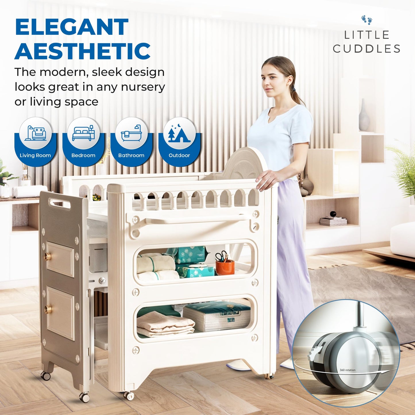 Little Cuddles 2-in-1 Baby Changing Table with Storage, Adjustable Height, Portable Diaper Station, Waterproof & Easy Assembly