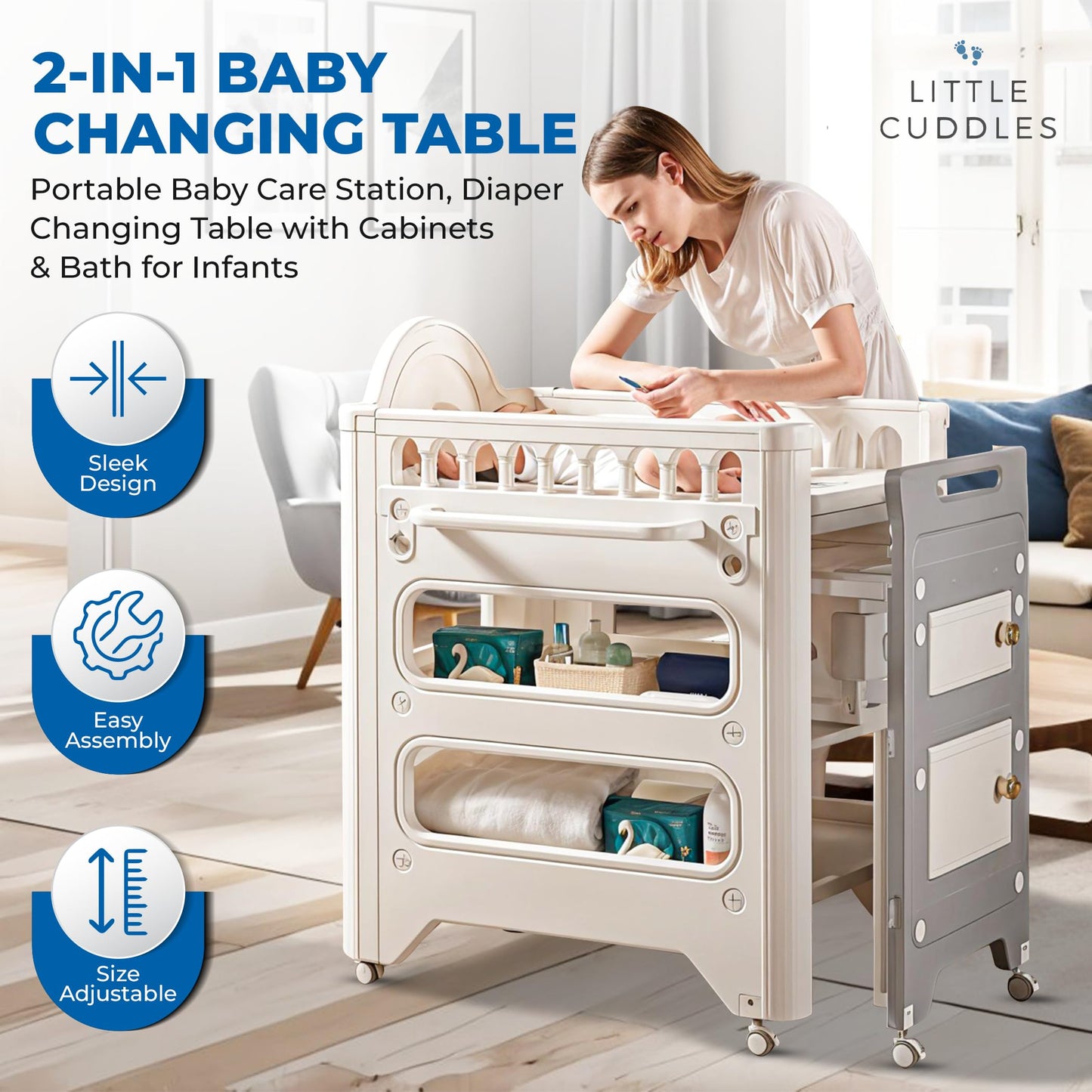 Little Cuddles 2-in-1 Baby Changing Table with Storage, Adjustable Height, Portable Diaper Station, Waterproof & Easy Assembly