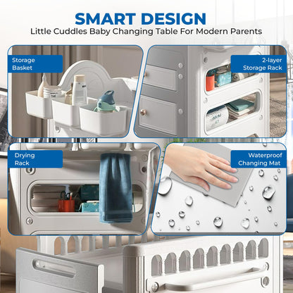 Little Cuddles 2-in-1 Baby Changing Table with Storage, Adjustable Height, Portable Diaper Station, Waterproof & Easy Assembly
